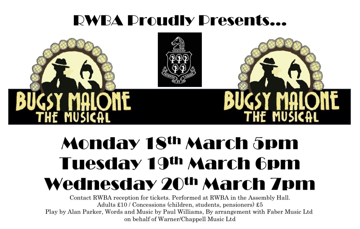 RWBA proudly presents Bugsy Malone the Musical next week! 🎭 🎶 <a href="/RWBAcademy/">R W Bassett Academy 💙</a> <a href="/RWBAMusicDept/">RWBAMusicDept</a> <a href="/RWBA6/">RWBA Sixth Form</a>