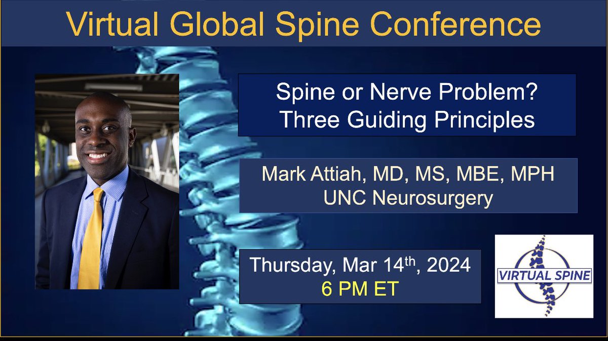 Looking forward to hosting our @UNCneurosurgery freshly-minted Spine & Peripheral Nerve Surgeon, Dr. Mark Attiah, this Thursday 6om EST on @virtualspine . zoom.us/meeting/regist… #neurosurgery #orthopedics