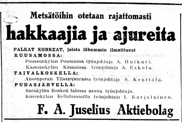 Milloin taas haetaan metsureita  töihin lehti-ilmoituksilla ja luvataan korkeat palkat?

Sanon, että kyllä metsäala itse sössi tämän ja nyt kärvistelee työvoimapulassa vaiko sittenkään.

Lähde: Liitto 4.1.1928 digi.kansalliskirjasto.fi/sanomalehti/bi…