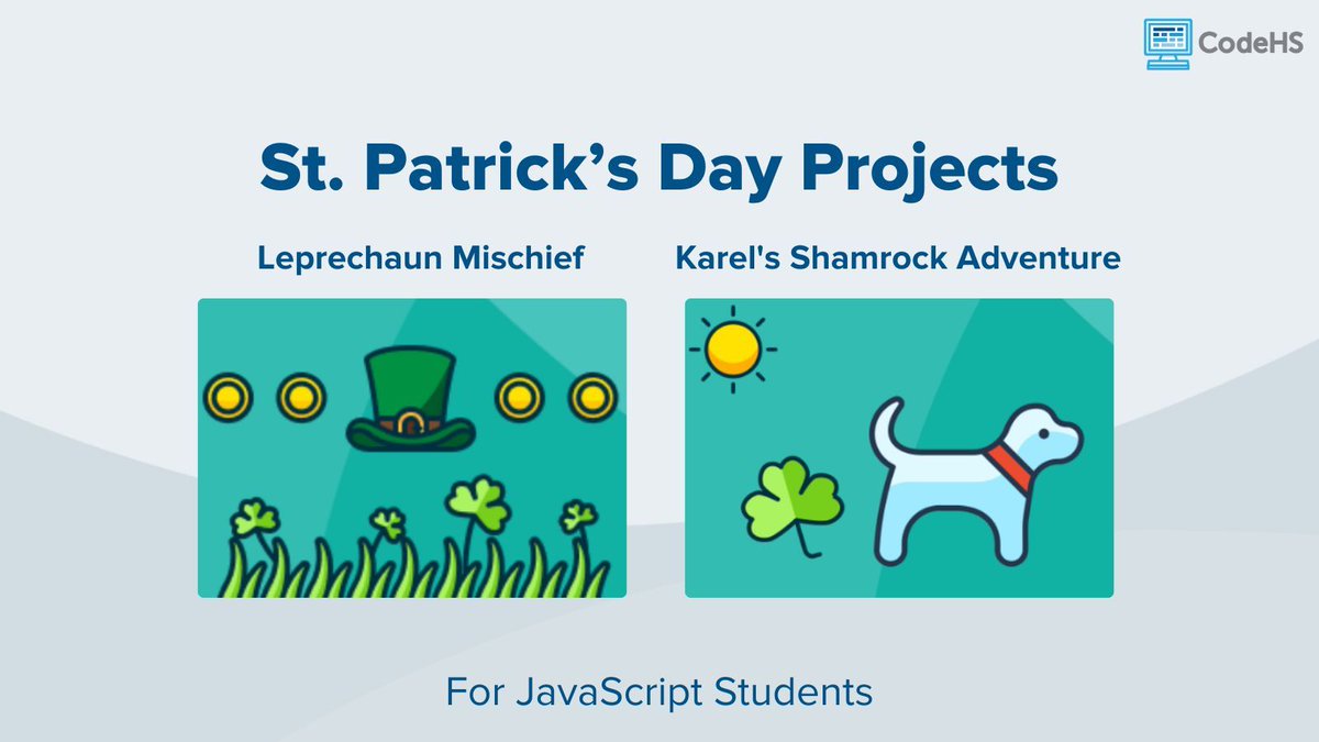 St. Patrick's Day is this weekend! Assign one of our #JavaScript St. Patrick's Day projects to your students by visiting the CodeHS Project Catalog buff.ly/3v8G7PT