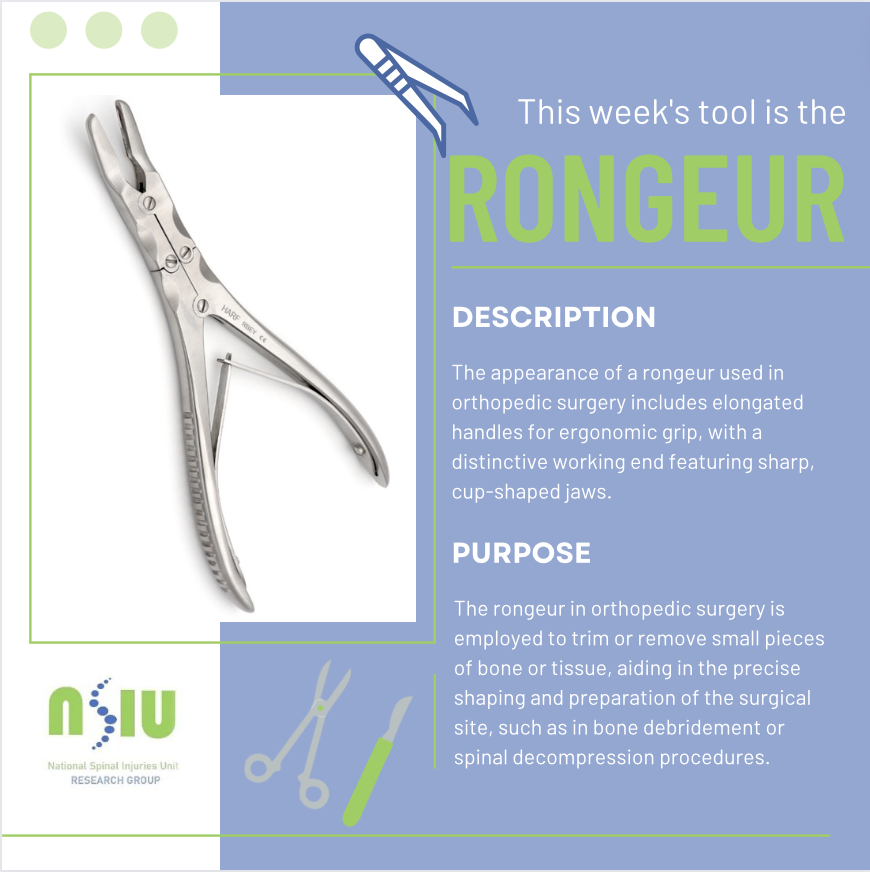 Welcome to Tool Tuesdays!🛠

This week's focus is on the Rongeur. Stay tuned for the next instalment to further your surgical knowledge!

#NSIU #SpineSurgery #SurgicalTools  #Surgicalinstruments #orthopaedics #orthopedics