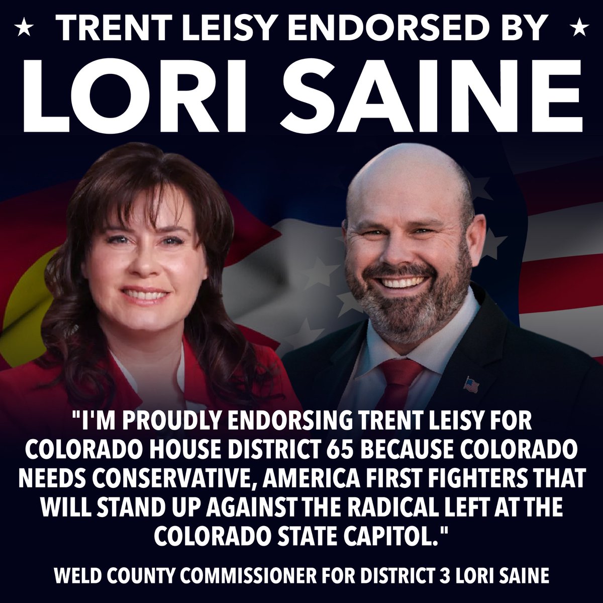 🚨ENDORSEMENT🚨 I'm honored to receive the endorsement of @LoriSaine for Colorado House District 65! It's time to STAND UP against the radical left & establishment RINOs!