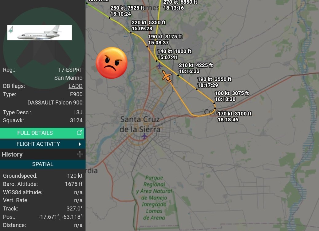 Arr3ch0's tweet photo. Así fue el vuelo de Delcy Eloina y "El Venao" Arreaza hace un rato. 3 horas de vuelo a ninguna parte. Salieron de Santa Cruz de Viru Viru 🇧🇴 en el jet de lujo del régimen de Maduro ##T7ESPRT. Al llegar a la frontera de FIR Amazonica orbitó por una hora y retornó a Santa Cruz https://t.co/uSV0sJ4iZX
