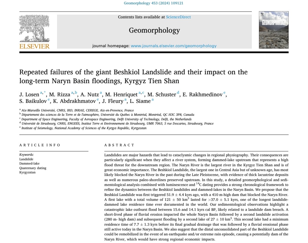 🔍 Publication of my first paper. 🌍 Geomorphology Journal - 'Repeated failures of the giant Beshkiol Landslide and their impact on the long-term Naryn Basin floodings' CEREGE Aix-Marseille Université lnkd.in/dvYjwPEX