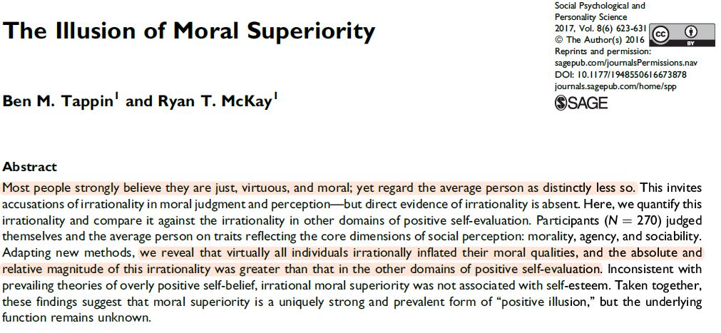 Are you more moral than other people? 😇 This study shows that people view themselves as more virtuous than everyone else. This is not surprising, as many studies show a tendency to overestimate ourselves when it comes to pretty much any socially desirable trait or skill.