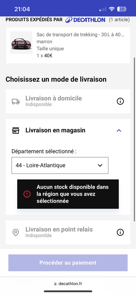 hidenjune's tweet photo. Bonjour @Decathlon, je souhaite acheter un produit encore disponible en ligne mais indisponible en livraison ? Comment ça se passe ? 📦 https://t.co/GwTwexxHoE