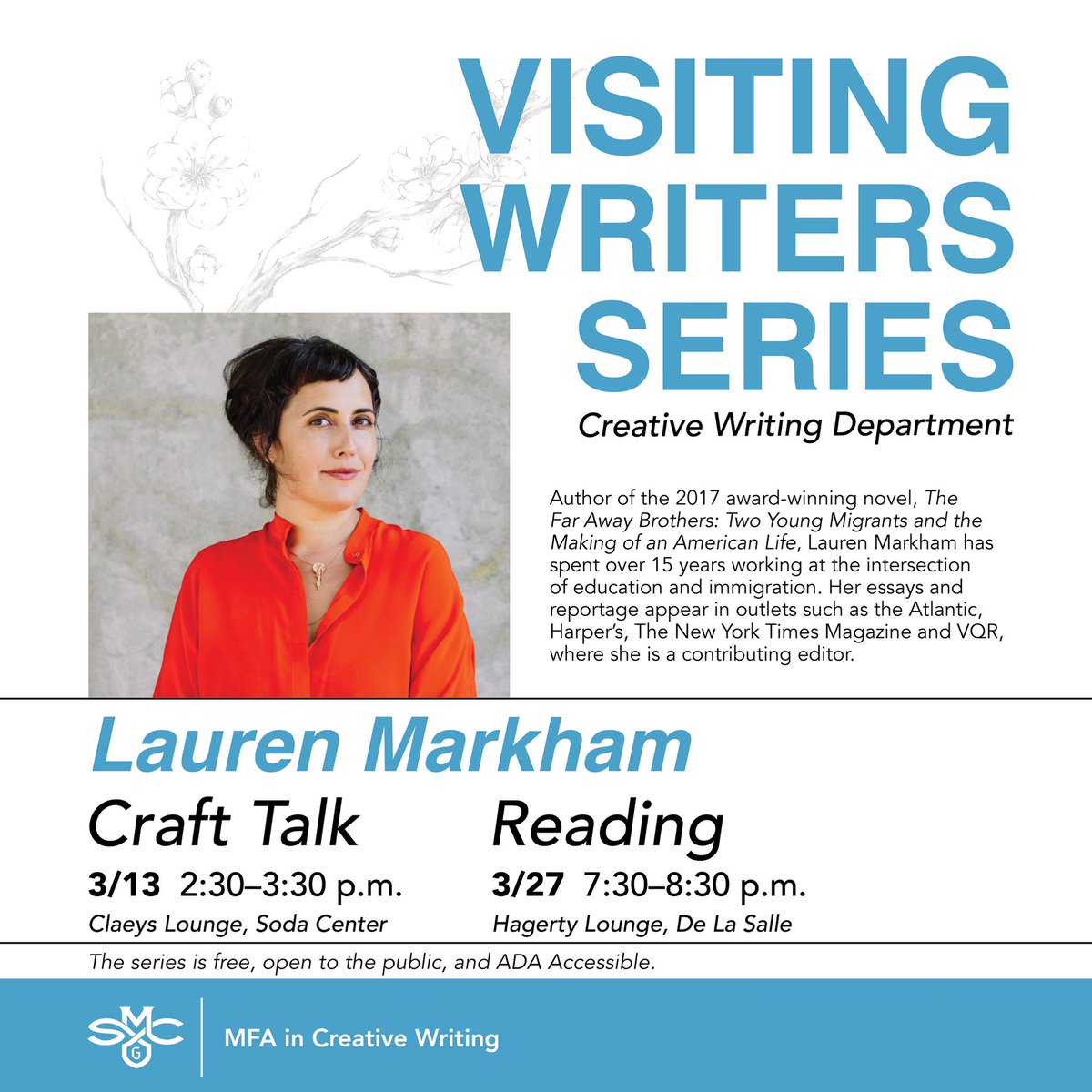 Our next Visiting Writers Series event will be this Wednesday, March 13, 2:30–3:30 p.m.! 🤩Join us for an Afternoon Craft Conversation with Lauren Markham, author of “A Map of Future Ruins: On Borders and Belonging”. Learn about her journey, art, and writing process.