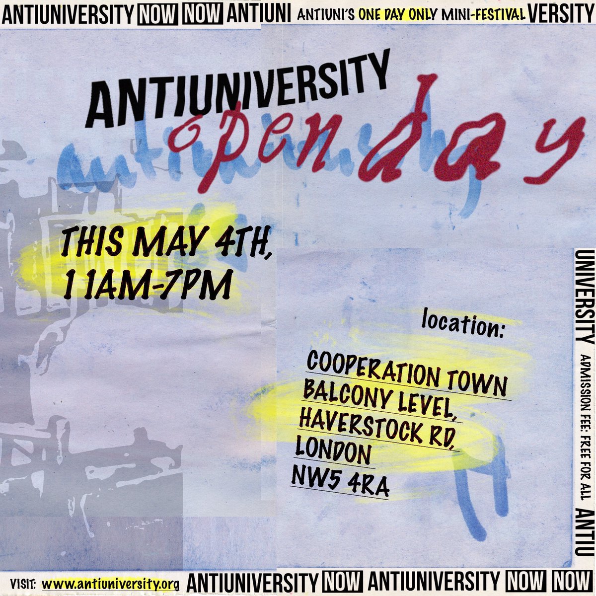 📢 Join us on 4th May for Anti university Open Day 📢 All the collaborative and radical learning experiences of Anti Uni packed into a one day festival! Mark your diaries, tell your friends, and keep an eye out for when our event registration opens shortly!