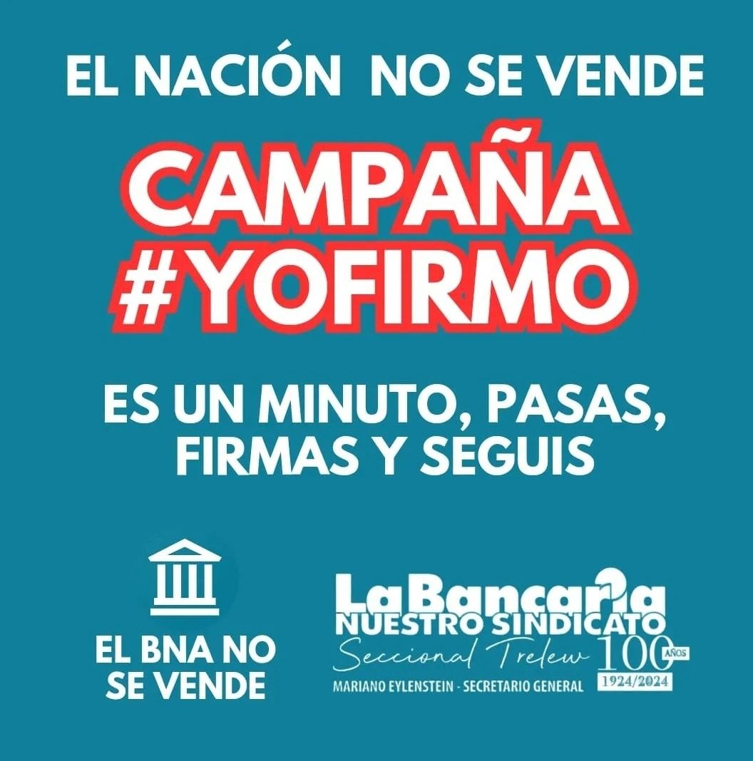 LOS ESPERAMOS EN SUC. BANCO NACION EN ESQUEL A QUIENES QUIERAN ACOMPAÑARNOS CON SU FIRMA! 
#elnacionnosevende 
<a href="/labancaria_tre/">La Bancaria Seccional Trelew</a>