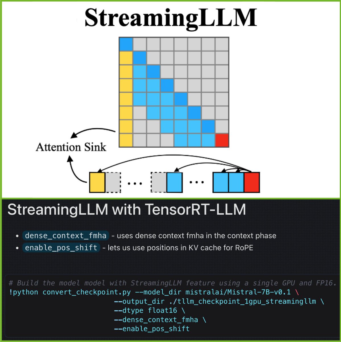 💬 Are long chats with your #LLM app running out of memory? Our  distinguished engineer and MIT professor Song Han developed and  incorporated StreamingLLM into #TensorRT LLM v0.8. ✨Click to code  StreamingLLM