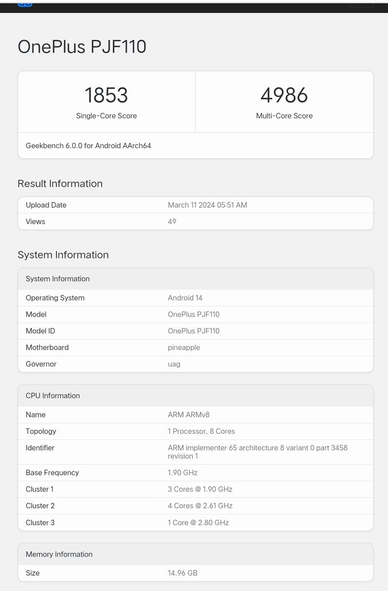 technoguy545's tweet image. OnePlus PJF110 with Snapdragon 7+ Gen 3 spotted on Geekbench.

🔳 Snapdragon 7+ Gen 3
🎮 Adreno 732 GPU
🍭 Android 14
- 14GB RAM
#OnePlus    #OnePlusAce3V