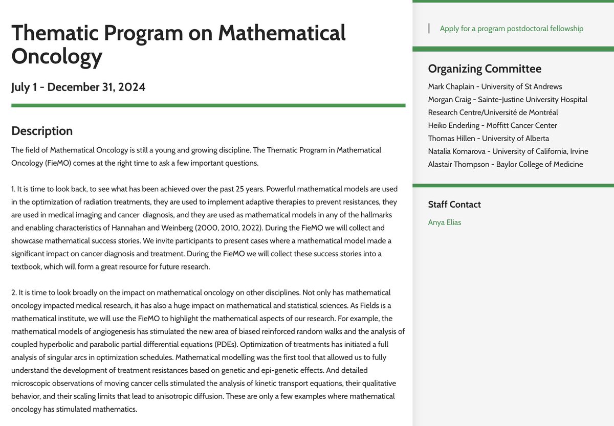 'Thematic Program on Mathematical Oncology' Fields Inst, July 1 - December 31, 2024 fields.utoronto.ca/activities/24-…