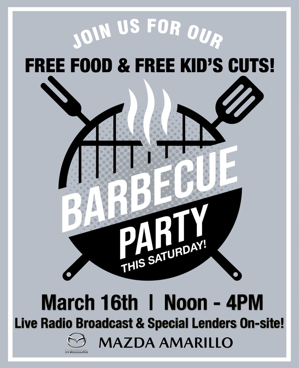 Join us for Free Food and Free Kid's Cuts this Saturday, March 16th, from Noon - 4 PM! 🤩✂️

Come enjoy, free hair cuts for your kids, live radio broadcasts, and on-site lenders!

#mazdaamarillo #kidscuts #bbqparty #amarillotx