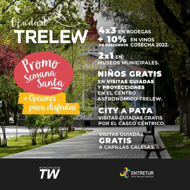 𝗦𝗲𝗺𝗮𝗻𝗮 𝗦𝗮𝗻𝘁𝗮 𝗲𝗻 #𝗧𝗿𝗲𝗹𝗲𝘄 🧳🦕
🤩¡Seguimos sumando promos para que disfrutes tu estadía al máximo!
📅Del 28/3 al 2/4, accedé a importantes descuentos en servicios turísticos:
🍇4x3 en bodegas, más un 10% de descuento en la compra de vinos cosecha 2022. 
(+)