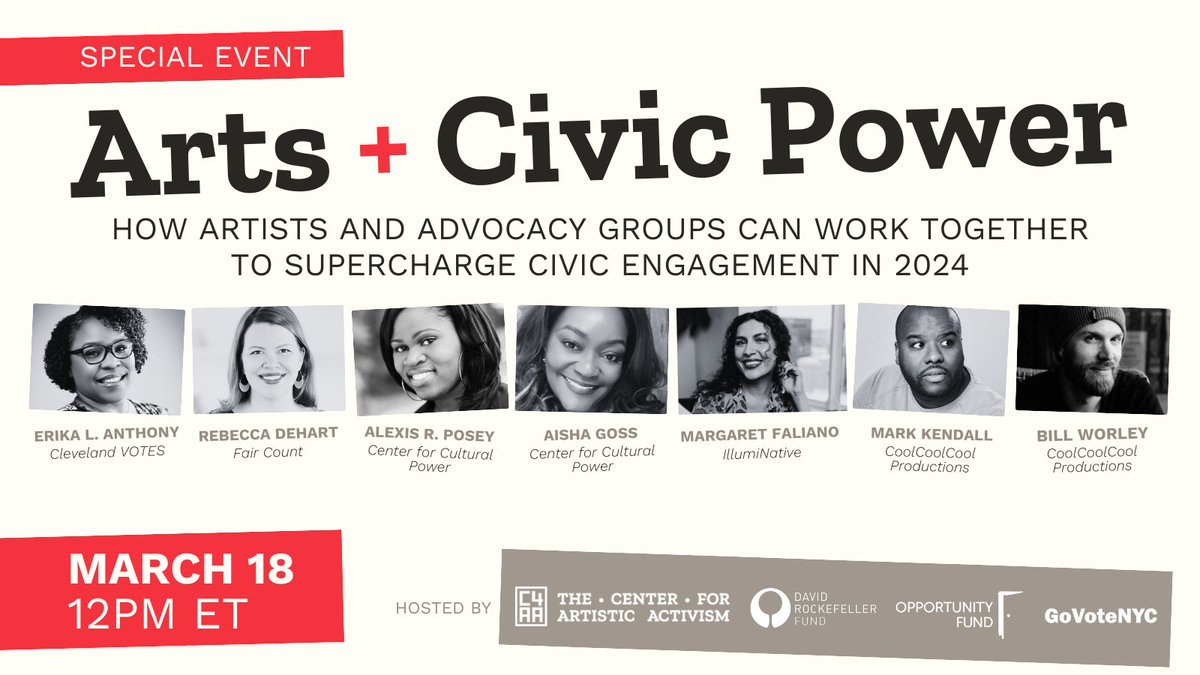 The Center for Artistic Activism (@thec4aa) on Twitter photo Join us, <a href="/TheDRFund1/">David Rockefeller Fund</a>, @govoteNYC, and the Opportunity Fund for Arts + Civic Power, a special workshop happening March 18th! Hear how our amazing guest speakers utilize artistic activism to engage voters across the US, and how you can too this year!
c4aa.org/2024/02/arts-c… Join us, <a href="/TheDRFund1/">David Rockefeller Fund</a>, @govoteNYC, and the Opportunity Fund for Arts + Civic Power, a special workshop happening March 18th! Hear how our amazing guest speakers utilize artistic activism to engage voters across the US, and how you can too this year!
c4aa.org/2024/02/arts-c…