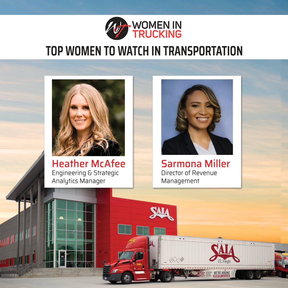 Saia_Inc's tweet photo. Congratulations to Heather McAfee and Sarmona Miller for being named Women In Trucking’s (WIT) 2024 Top Women to Watch in Transportation. Learn more at https://t.co/HKbLPDEStz. #SaiaProud #Saia100 #SaiaStrong https://t.co/LcNI9TwIRD