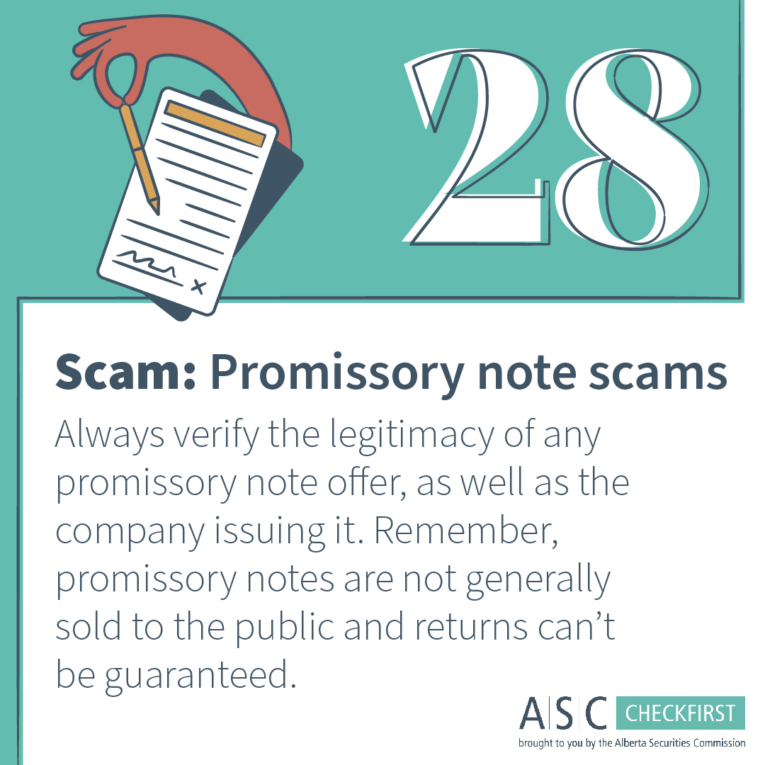 ASCUpdates's tweet photo. Did you know promissory notes generally are not open to the public and don't guarantee returns?
Unsure about an investment? https://t.co/IFJ84e9Tv0 has all the red flags you need to know.
#FraudPreventionMonth #asc #checkfirst https://t.co/JQtv7wiqjW