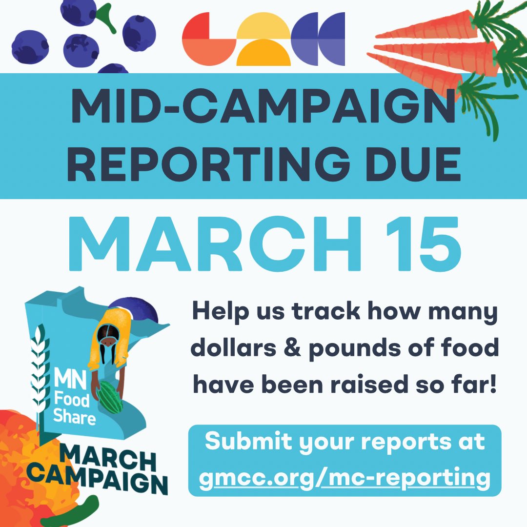 MNFoodShare's tweet image. We are about halfway through this year’s Minnesota FoodShare March Campaign!

Submit mid-campaign reports by this Friday, March 15th! This is optional, but really helpful!

To learn more about reporting or submit a report, visit gmcc.org/mc-reporting. Thank you!