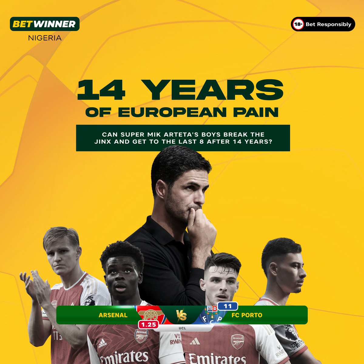The last time Arsenal reached the UEFA Champions League quarter-finals was in the 2009/2010 season against, guess who, Porto!
After going down 2-1 in the first leg, they came back to trump Porto 5-0 in England.

Could history be repeated tonight? 

#BETonYou 
#BETWinner