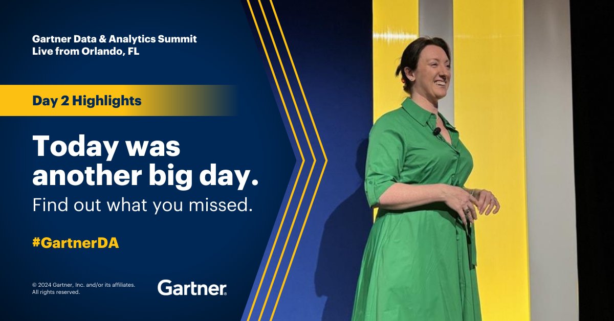 Missed Day 2 of #GartnerDA? Take a look at highlights from the day, including: ✅ Data-driven change management for business impact ✅ 2024 #CDAO agenda ✅ #AI risks and effective governance Learn more in the Gartner Newsroom: gtnr.it/dapr2 #Data #Analytics