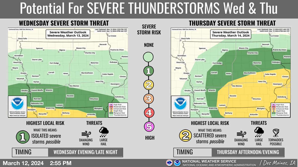 Stronger to Severe Storms are expected to move into portions of Iowa later Wednesday and Thursday.   Please monitor updates early Wednesday for more details on the timing of both Wednesday evening and Thursday's storms.  #iawx