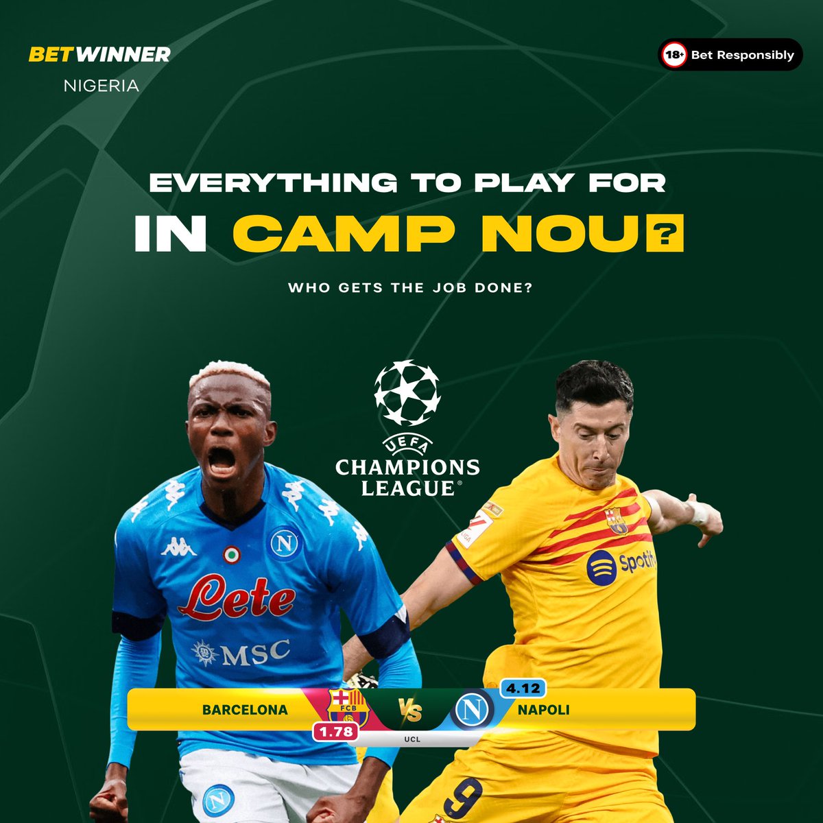 The Blaugranas were held to a 1-all draw in Italy, thanks to our man, Osimhen.
Now they're back home, are they capable of doing the job?

Since Osimhen's return, Napoli have picked up form. 
Who are you counting on to deliver for you?

Who's your bet on?

#BETonYou
#BETWinner