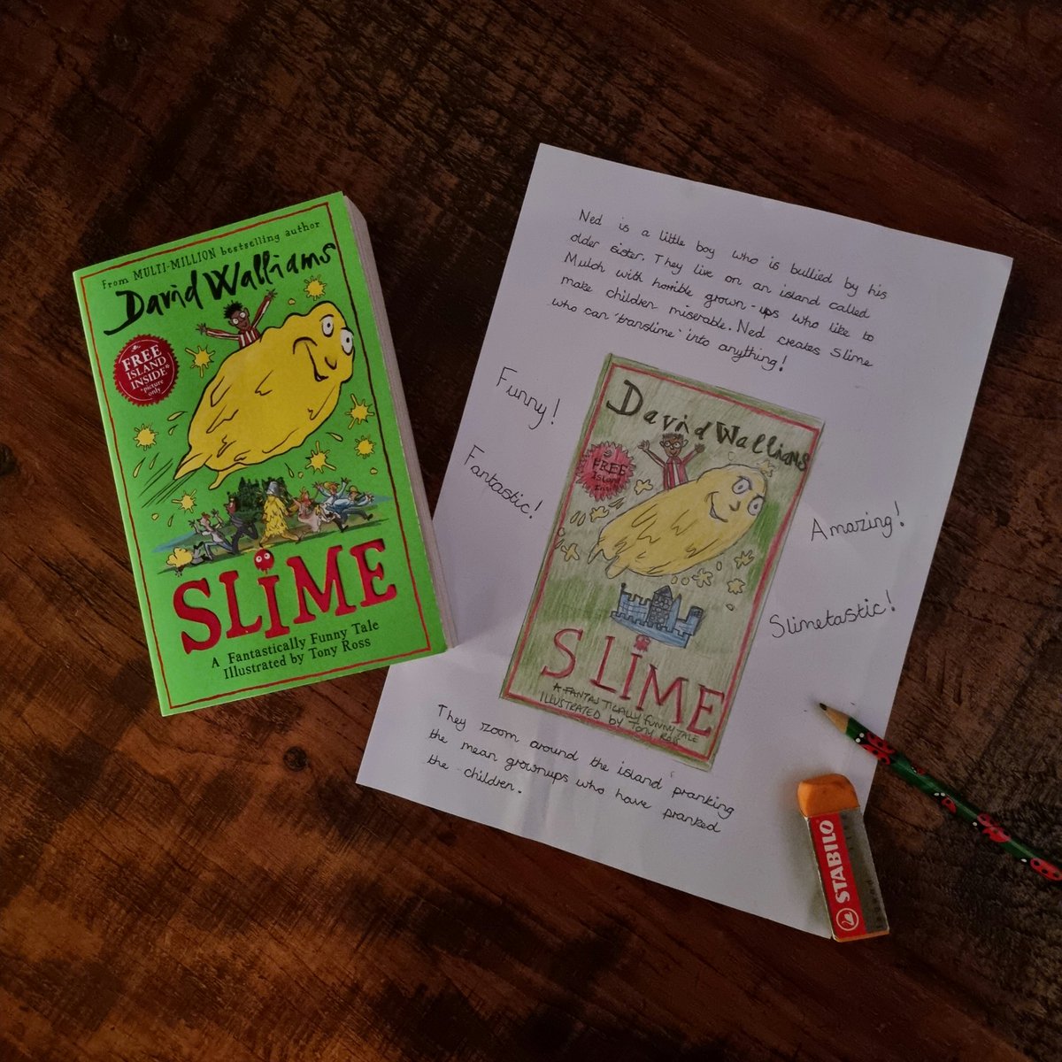 My daughter has just finished reading Slime by <a href="/davidwalliams/">David Walliams HQ</a> and created a poster for her school competition to promote the book to her @GoytreFawr friends. She thought the book was 'slimetastic'
