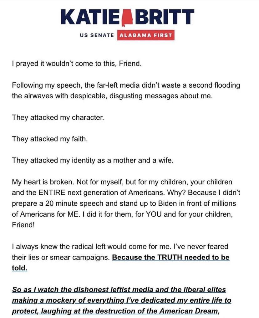 daviddunn177's tweet photo. Katie Britt wants us to know that lying to us has left her heart broken. https://t.co/ArWvQj9hS9