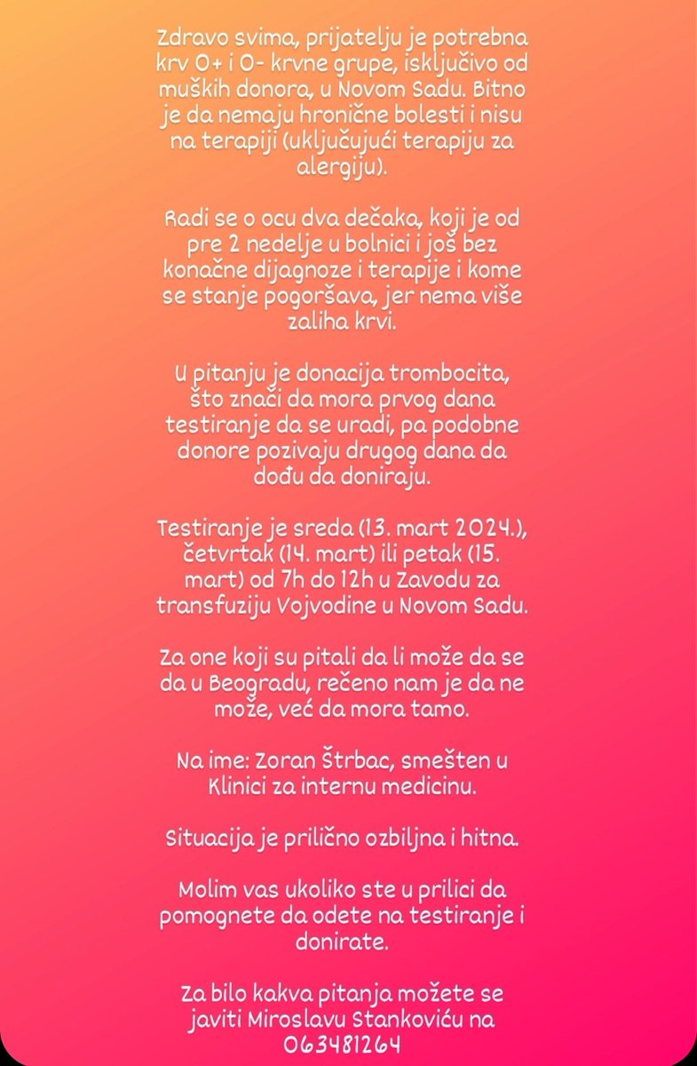 _carapanka's tweet photo. Molim vas ko moze da pomogne, potrebni su davaoci trombocita u Novom Sadu #novisad #trombociti #davaoci https://t.co/ucXSLNhKYi