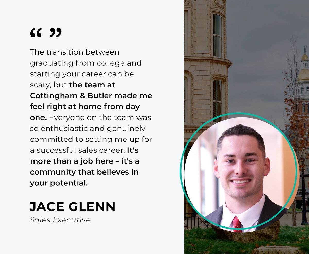 Graduating soon? Start your sales career with confidence alongside a team of industry experts and mentors who are dedicated to your long-term success.

Apply at Cottingham &amp; Butler today by visiting bit.ly/CBsalesEL.