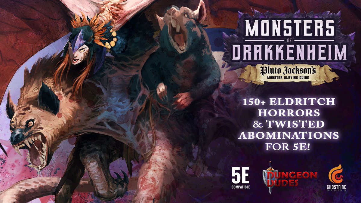 MONSTERS OF DRAKKENHEIM is 300+ pages of eldritch horror inspired monsters for 5e by us, the Dungeon Dudes. Coming to Kickstarter March 26th: kickstarter.com/projects/dunge…