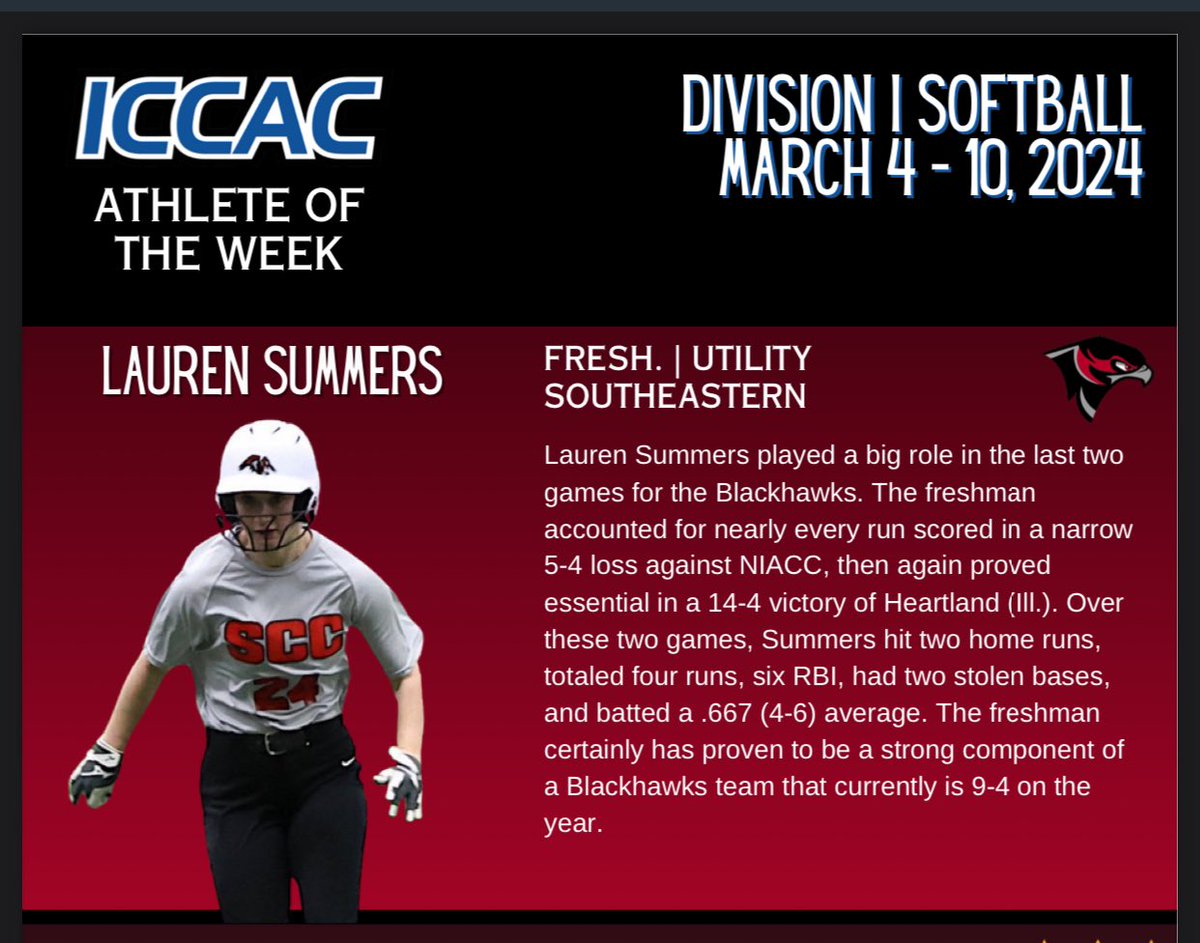 Congrats to our very own Lauren Summers on earning ICCAC Athlete of the Week! Lauren had an outstanding week at the plate and in the circle- GO BLACKHAWKS!