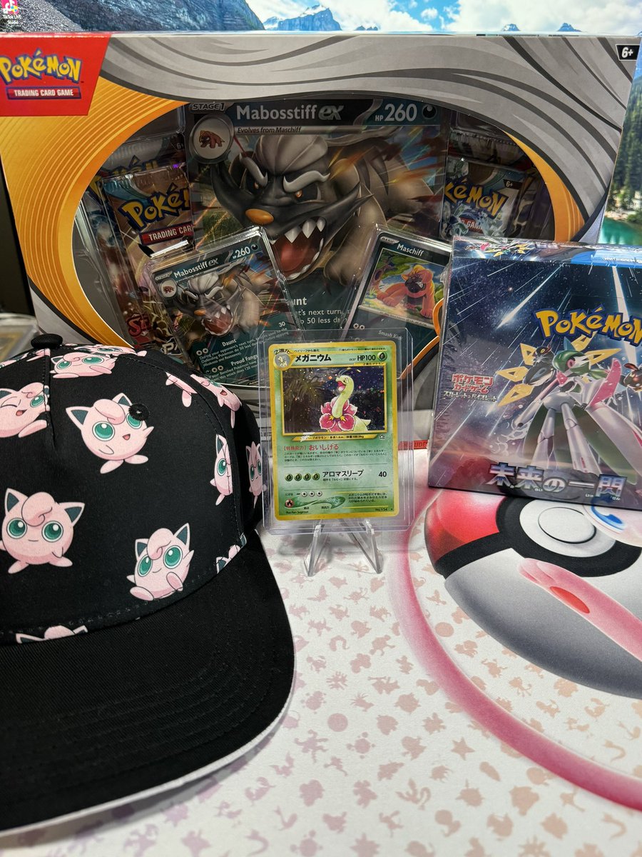 PackFlipps's tweet photo. We’re starting weekly giveaways again! 

TO ENTER
✅ FOLLOW this Page!
✅ REPOST the Giveaway!
✅ FOLLOW PackFlipps on Twitch

WINNER DRAWN IN 72 HOURS

GIVEAWAY INCLUDES THE FOLLOWING: 

1x 151 Mew Playmat, 1x Future Flash Booster Box, 1x Mabosstiff ex Box, 1x JigglyPuff Hat, and 1 Meganium Japanese Vintage Holo!