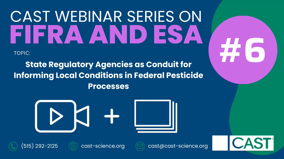 CASTagScience's tweet image. Thank you to everyone who joined our webinar on State Regulatory Agencies' role in pesticide implementation related to the ESA. 

For those who couldn't attend, the recording, slides, and paper are now available here: 

tinyurl.com/FIFRAESA6

#CASTPaper #CASTWebinar #FIFRA #ESA