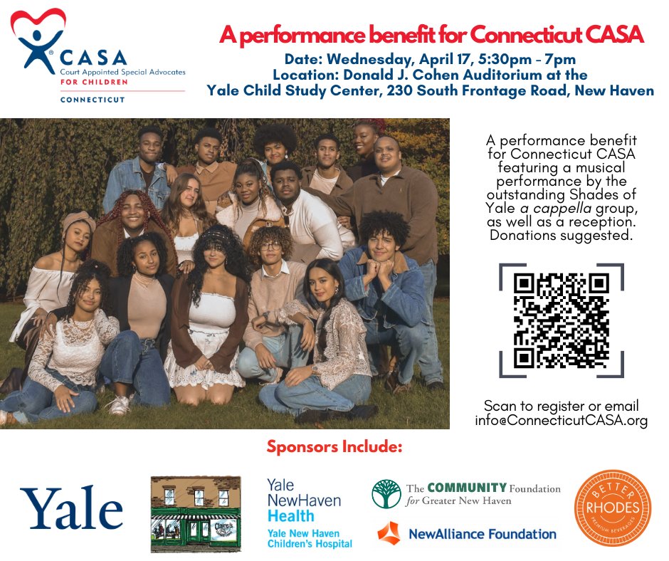 Join us: April 17 Benefit for #CASA movement for #CT #children, at @YaleCSC. Many thanks to: Lead sponsors #Yale U. & @ClairesNewHaven Sponsors @YNHH @cfgnh #NewAllianceFoundation @betterrhodes To register, scan QR or email: info[at]ConnecticutCASA.org connecticutcasa.org/performance-be…