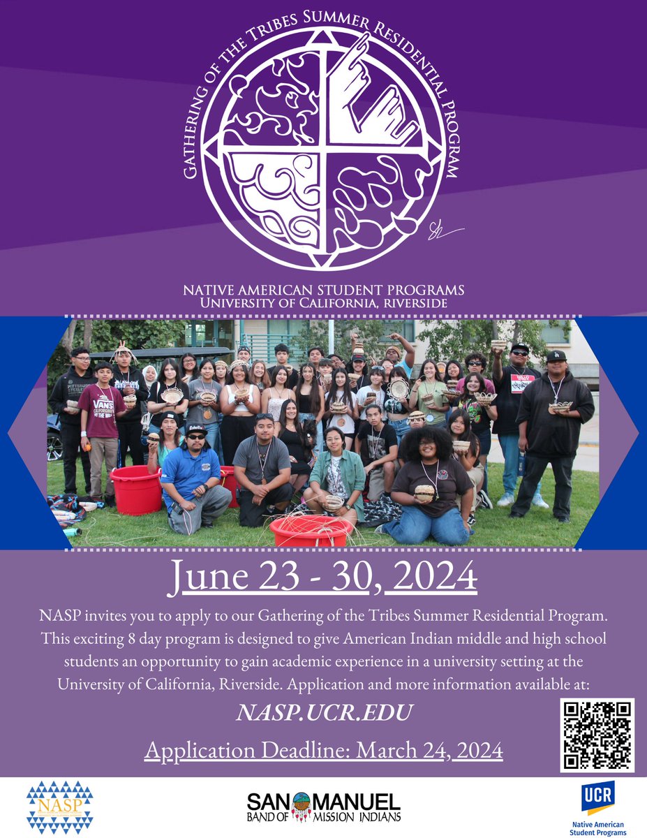 Please refer students to this college prep program at UC Riverside for Native American students in middle school and high school. The program has a residential component and starts on June 23, 2024. It is hosted by the Office of Native American Student Programs at UC Riverside.
