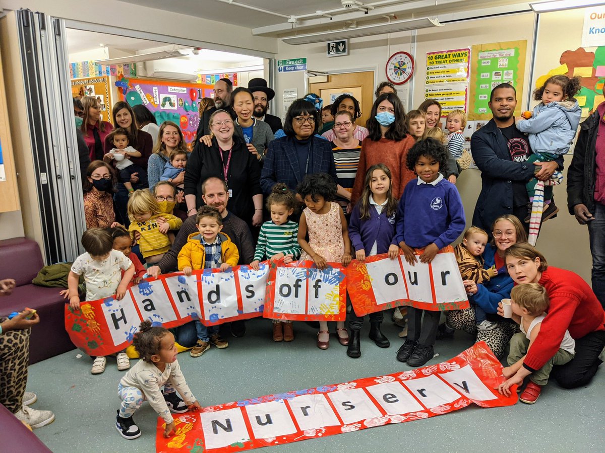 Solidarity with @HackneyAbbott, who’s been a steadfast supporter of our campaign to stop the cuts in subsidised childcare & closures of #Hackney’s Childrens Centres by @carowoodley for over 3 years now (photos - in 2021 & at our recent demo). These racist remarks are abhorrent.