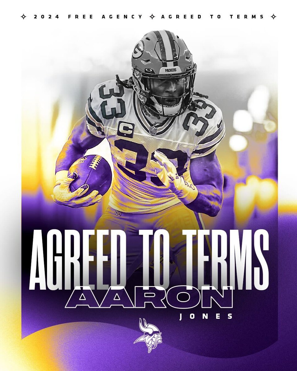 Adding more juice to the backfield 🧃

The #Vikings have agreed to terms with RB Aaron Jones (<a href="/Showtyme_33/">Aaron Jones 3️⃣3️⃣</a>).

📰: mnvkn.gs/3Tx4HU1