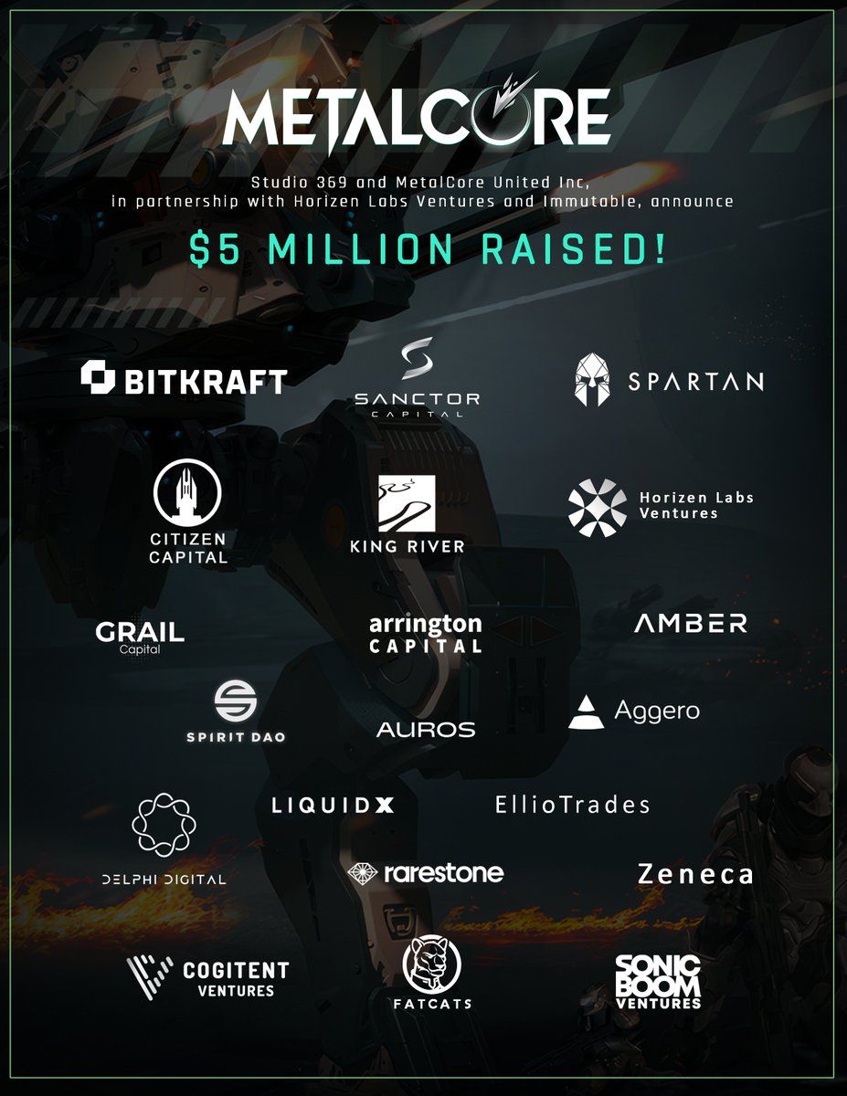 🔒$5 MILLION IN BATTLEFIELD FUNDS RAISED

Proud to announce in partnership with <a href="/Immutable/">Immutable</a> and <a href="/HLV_XYZ/">HLV</a> that $5 Million has been raised for MetalCore! 

🙏 Thank you to <a href="/BITKRAFTVC/">BITKRAFT Ventures</a>, <a href="/SanctorCapital/">Sanctor Capital</a>, <a href="/TheSpartanGroup/">The Spartan Group</a>, <a href="/Delphi_Digital/">Delphi Digital</a> and many more! 

💥 The battlefield is about to