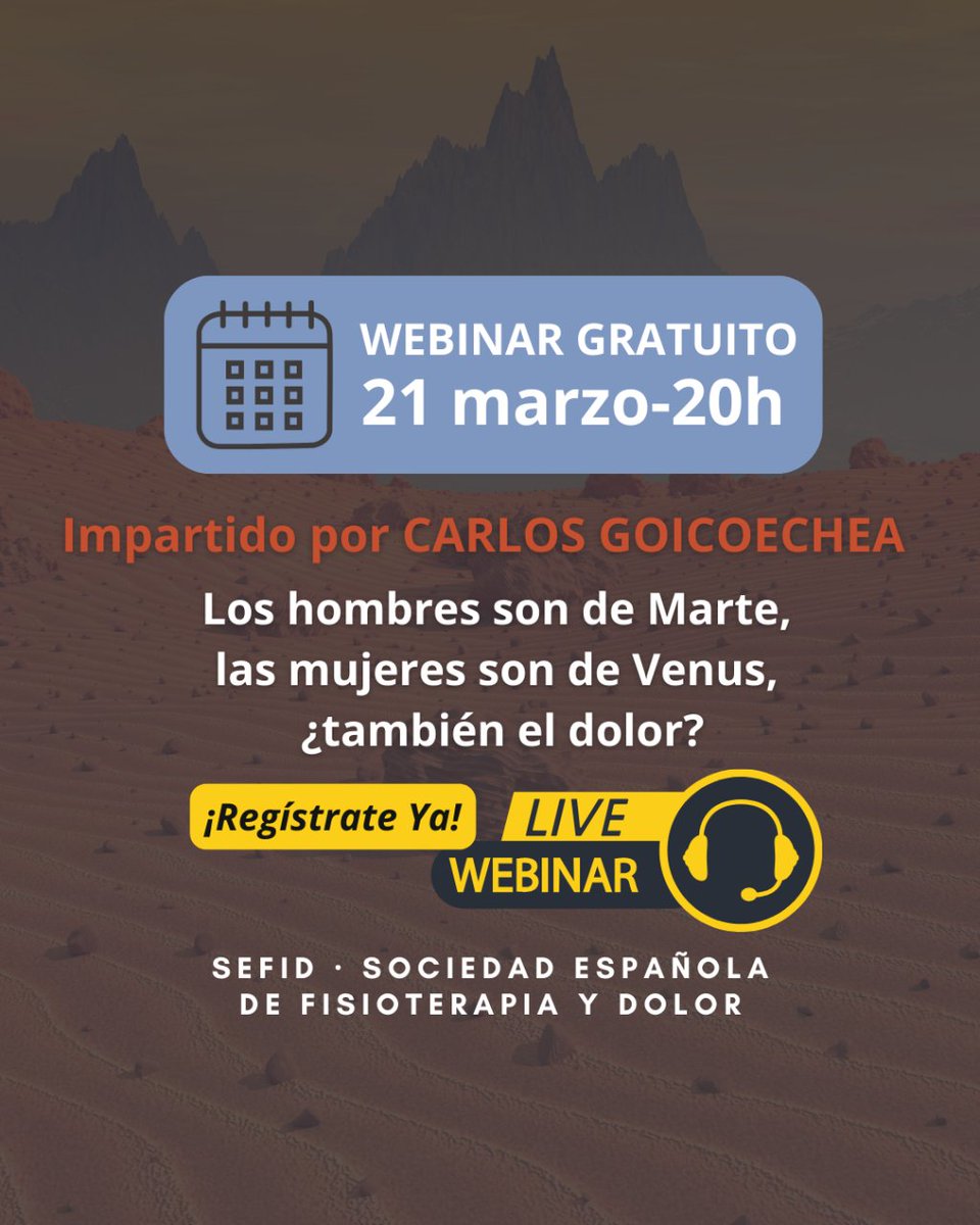 🌐 ¡No te pierdas el próximo WEBINAR EN DIRECTO SEFID GRATUITO! Será el 21 MARZO - 20H. Impartido por Carlos Goicoechea. ¡Regístrate YA y no pierdas la oportunidad de participar en esta sesión! ➡️ i.mtr.cool/rmkwodprji 

#sefid #sociedadcientífica #fisioterapiaydolor