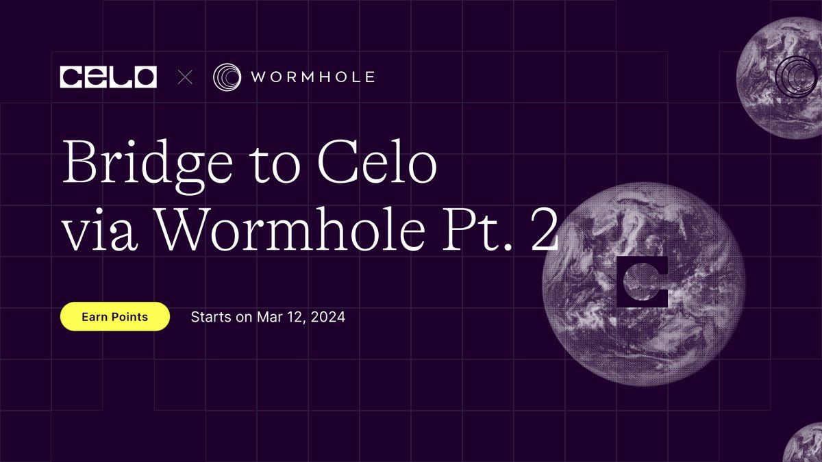Keep traveling through the Celoverse w/ @Galxe! We’ve reunited w/ @Wormholecrypto for our next quest––live today 🌪 If you missed the first, now’s your chance to bridge to Celo via Wormhole for 10 points & share on social ↓ galxe.com/Celo/campaign/…