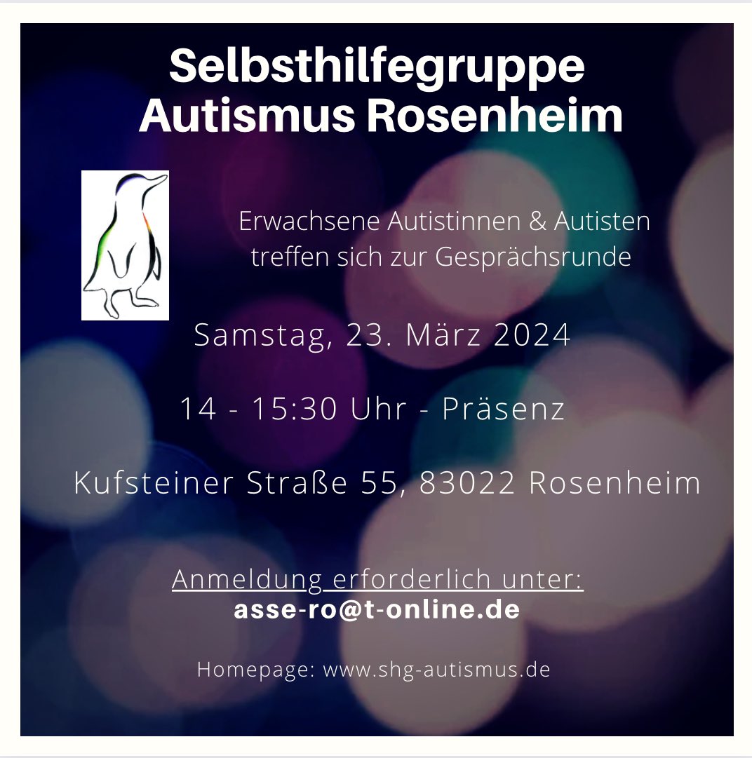 Unsere nächsten Gesprächsrunden:

Es geht weiter am Freitag, 22.3.24 um 19 Uhr offene Gesprächsrunde für alle! 

Am Samstag, 23.3.24 um 14 Uhr treffen sich erwachsene Autisten und Autistinnen zum Austausch! 

#autismus #gesprächsrunde