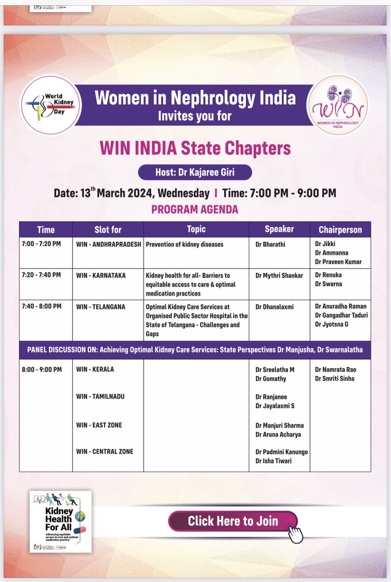 @WomenNeph_india invites all for day 4 activity on #worldkidneyday With State chapters discussing on challenges of kidneycare in each state Join us : us02web.zoom.us/webinar/regist… 7 PM IST @ISNkidneycare @HydNephForum @isn_india @womeninnephro