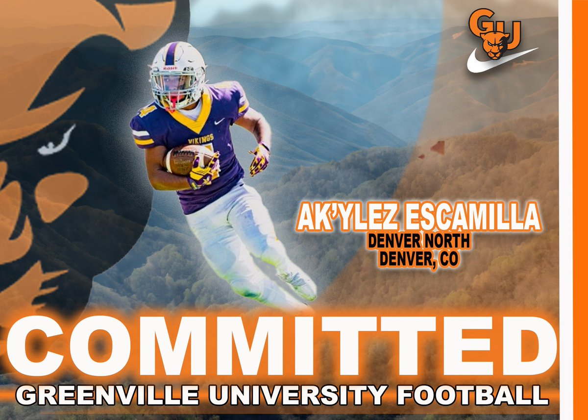 AK’YLEZ Escamilla (@akescamilla) on Twitter photo I’m excited to announce my commitment to Greenville University!🟠⚫️ . Thank you to my family, friends, coaches and teammates for pushing me and getting me this far in my young football career!. Thank you <a href="/Coachschomaker/">Robbie Schomaker</a> for this opportunity!
Go Panthers! <a href="/EMAPFootball/">Greenville University Football</a> I’m excited to announce my commitment to Greenville University!🟠⚫️ . Thank you to my family, friends, coaches and teammates for pushing me and getting me this far in my young football career!. Thank you <a href="/Coachschomaker/">Robbie Schomaker</a> for this opportunity!
Go Panthers! <a href="/EMAPFootball/">Greenville University Football</a>