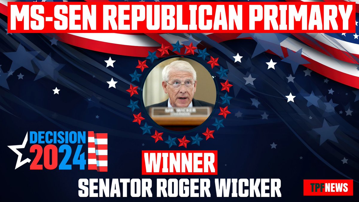 BREAKING: U.S. Senator Roger Wicker wins Republican nomination for U.S. Senate in Mississippi primary election. #APRaceCall at 8:00 p.m. CDT. apnews.com/hub/election-2…