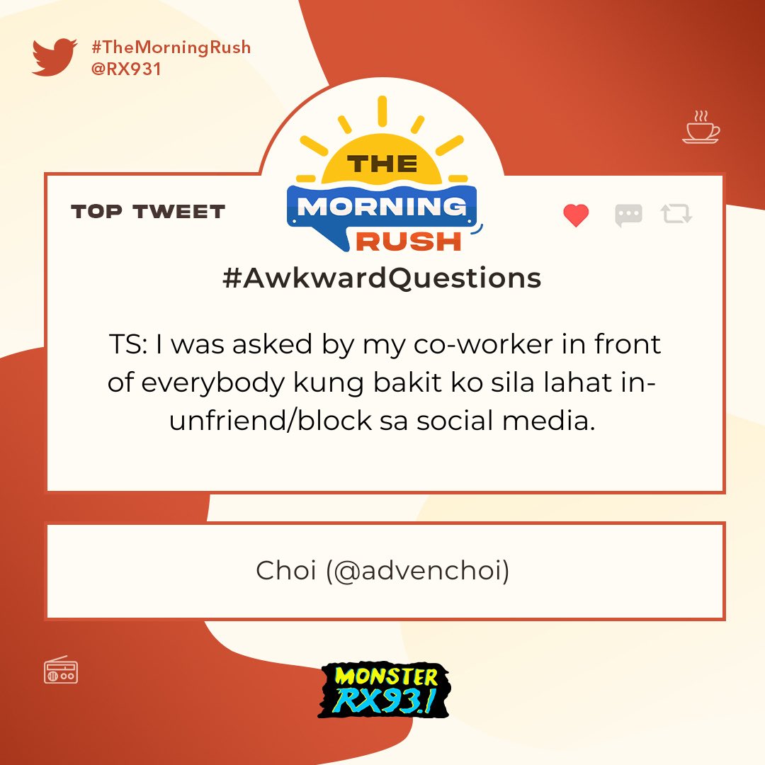 RX931's tweet photo. Top Entry: #AwkwardQuestions from @advenchoi #TheMorningRush https://t.co/sKtlZVtQOx