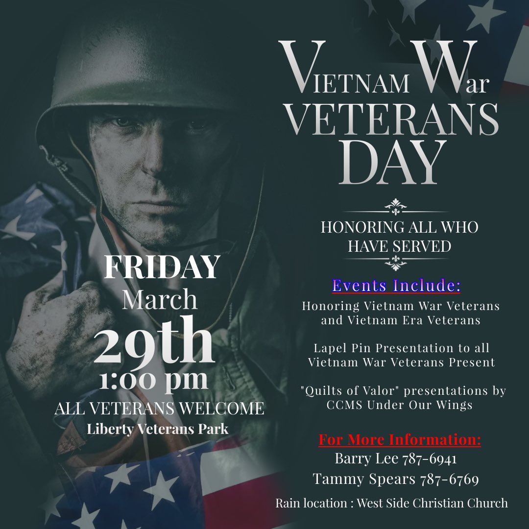 @CaseyCoSchools & SEW Casey will host a Vietnam War Veterans Day service at Liberty Veterans Park on Friday, 3/29 at 1:00p.m.🇺🇸🇺🇸🇺🇸🇺🇸 We will honor our Vietnam War Veterans & our Vietnam Era Veterans. 21 “Quilts of Valor” will be presented. #ThankAVeteran #GodBlessAmerica