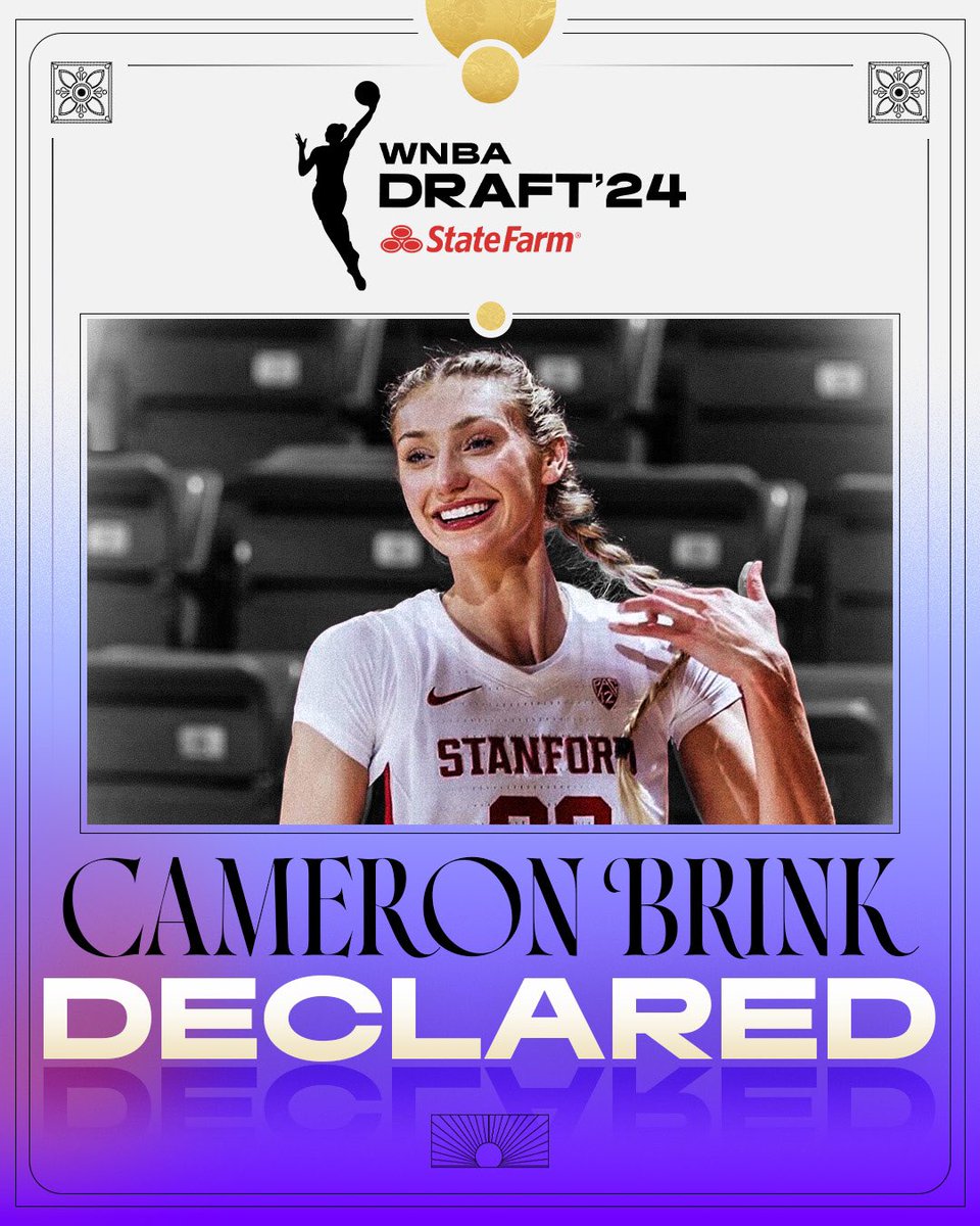WNBA's tweet photo. DECLARED! 

See you in Brooklyn for the 2024 WNBA Draft presented by @StateFarm, @cameronbrink22 🤝 https://t.co/j2VIGtNUlX