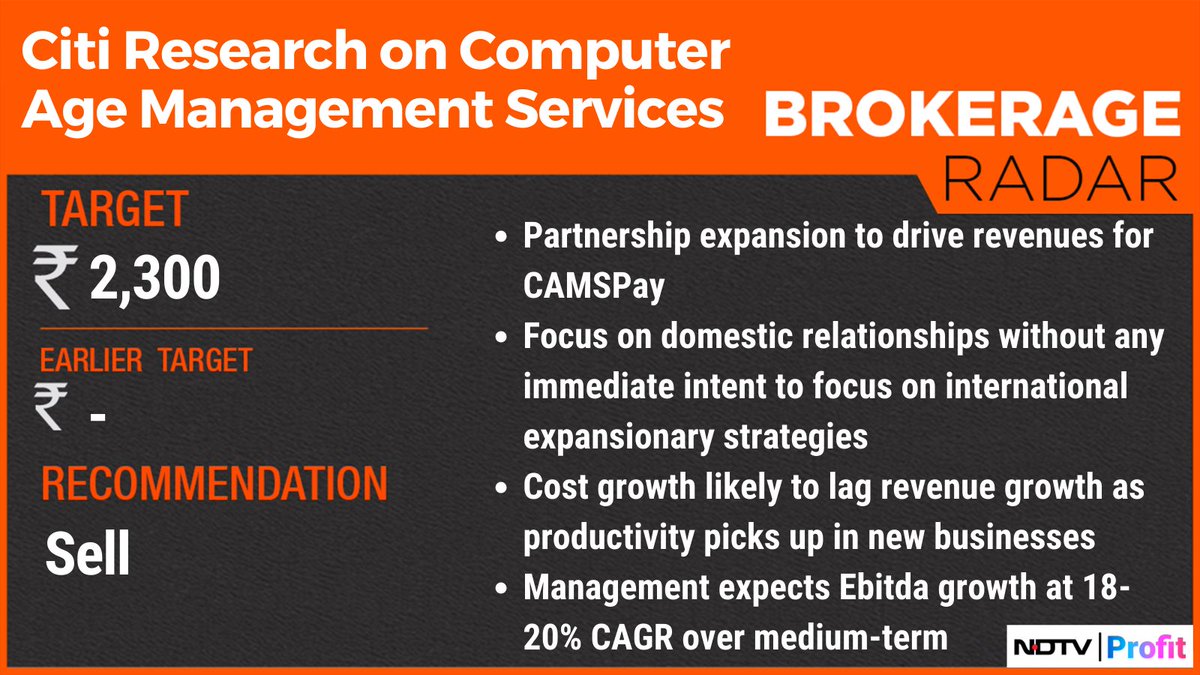 NDTVProfitIndia's tweet photo. #Citi rates #ComputerAgeManagementServices a 'Sell' with a target price of Rs 2,600.
For more, visit our Research Reports section: https://t.co/x9gNkEkqzy https://t.co/OgdcDIthmx