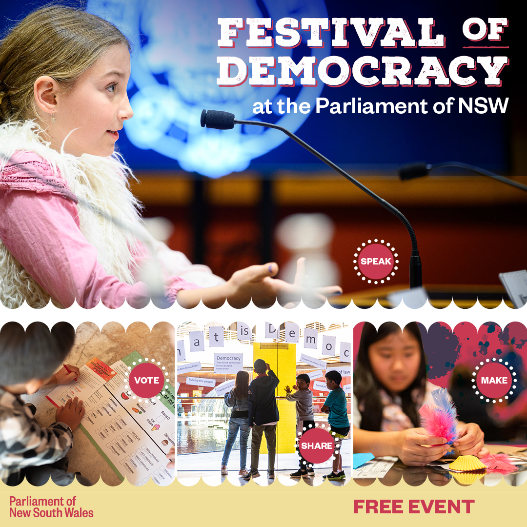 SAVE THE DATE: The Festival of Democracy is returning to Parliament these school holidays! 🏛️ The Parliament is opening its doors to welcome families on Friday 19 April for a day packed with free, fun activities. Learn more: education.parliament.nsw.gov.au/free-event-fes…